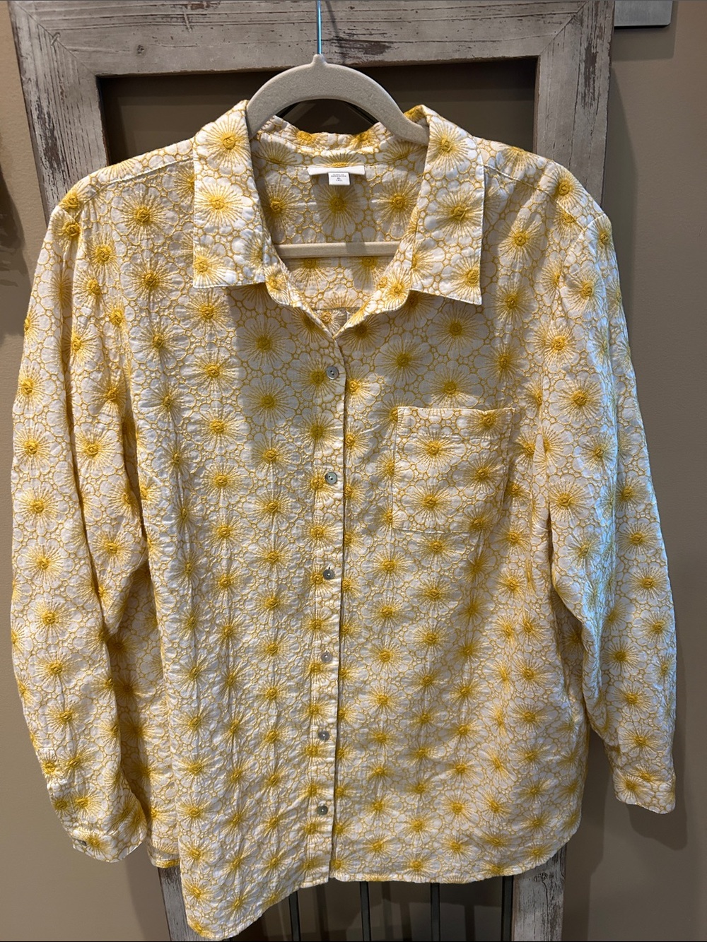 J. Jill White Blouse with Yellow Daisy Embroidery